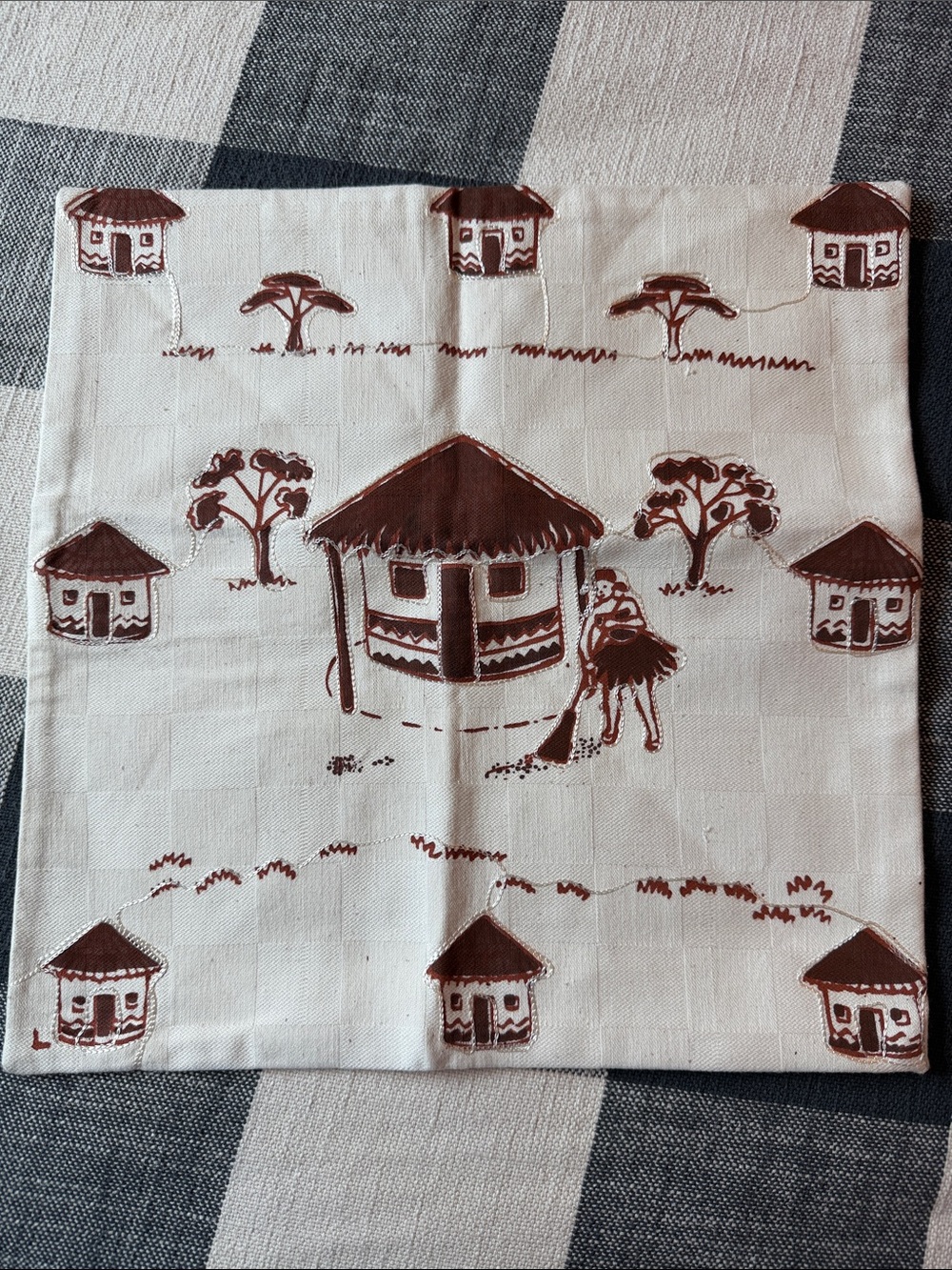 Hand-Printed Village Motif Accent Pillow Cover in Brown - Unbranded